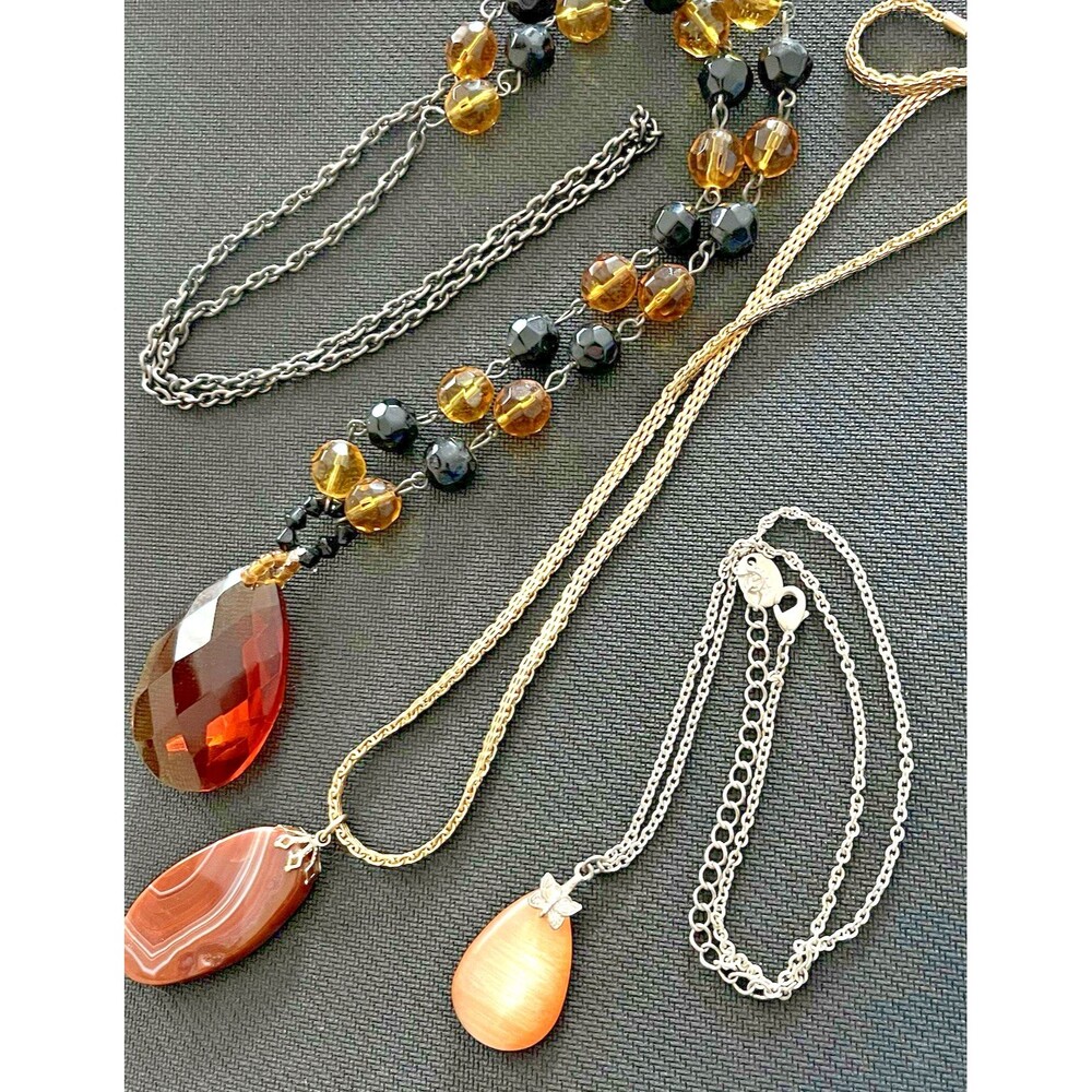 Lot of 3 Beaded Pendant Silver & Gold Tone Necklaces Acrylic Beads Stone Pendant